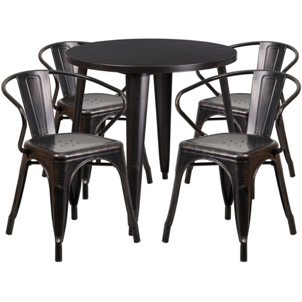 Wholesale 30'' Round Black-Antique Gold Metal Indoor-Outdoor Table Set with 4 Arm Chairs