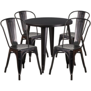 Wholesale 30'' Round Black-Antique Gold Metal Indoor-Outdoor Table Set with 4 Cafe Chairs