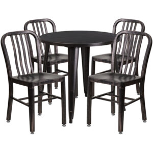 Wholesale 30'' Round Black-Antique Gold Metal Indoor-Outdoor Table Set with 4 Vertical Slat Back Chairs
