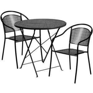Wholesale 30'' Round Black Indoor-Outdoor Steel Folding Patio Table Set with 2 Round Back Chairs