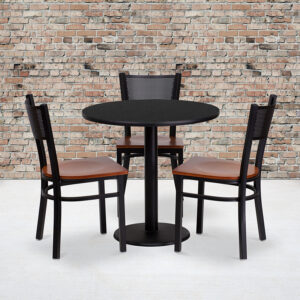 Wholesale 30'' Round Black Laminate Table Set with 3 Grid Back Metal Chairs - Cherry Wood Seat