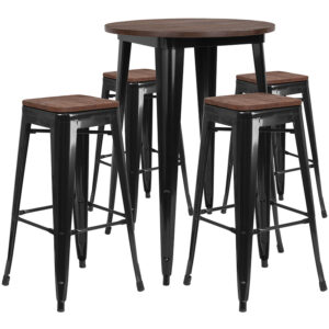 Wholesale 30" Round Black Metal Bar Table Set with Wood Top and 4 Backless Stools
