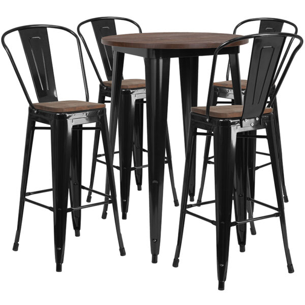 Wholesale 30" Round Black Metal Bar Table Set with Wood Top and 4 Stools