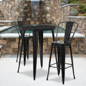Wholesale 30'' Round Black Metal Indoor-Outdoor Bar Table Set with 2 Cafe Stools