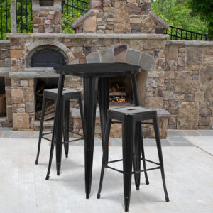 Wholesale 30'' Round Black Metal Indoor-Outdoor Bar Table Set with 2 Square Seat Backless Stools