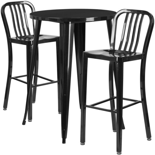 Lowest Price 30'' Round Black Metal Indoor-Outdoor Bar Table Set with 2 Vertical Slat Back Stools