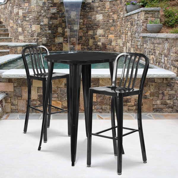 Wholesale 30'' Round Black Metal Indoor-Outdoor Bar Table Set with 2 Vertical Slat Back Stools