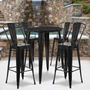 Wholesale 30'' Round Black Metal Indoor-Outdoor Bar Table Set with 4 Cafe Stools