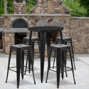 Wholesale 30'' Round Black Metal Indoor-Outdoor Bar Table Set with 4 Square Seat Backless Stools