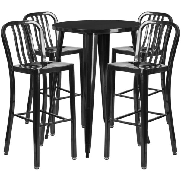 Lowest Price 30'' Round Black Metal Indoor-Outdoor Bar Table Set with 4 Vertical Slat Back Stools