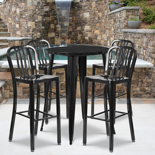 Wholesale 30'' Round Black Metal Indoor-Outdoor Bar Table Set with 4 Vertical Slat Back Stools