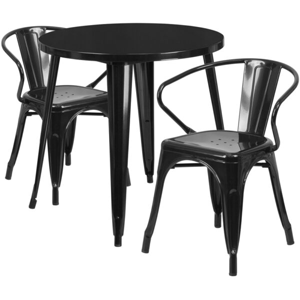 Wholesale 30'' Round Black Metal Indoor-Outdoor Table Set with 2 Arm Chairs