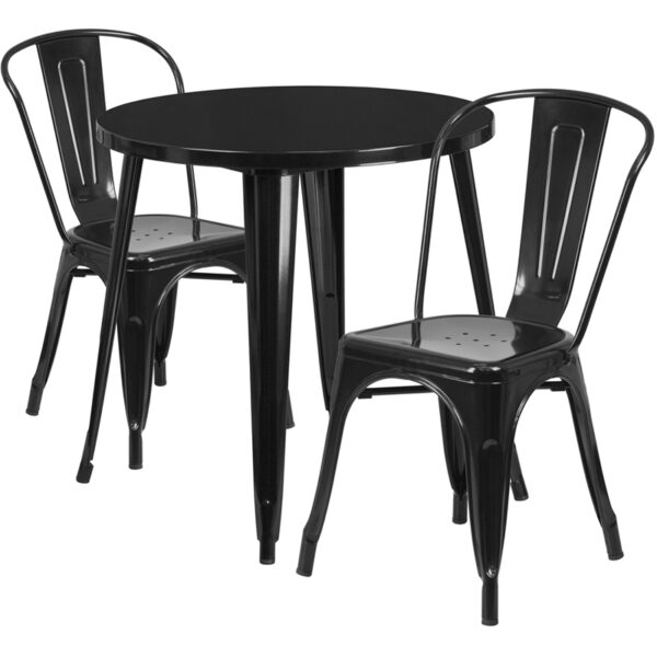 Wholesale 30'' Round Black Metal Indoor-Outdoor Table Set with 2 Cafe Chairs