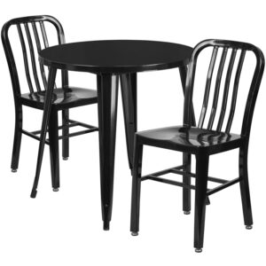 Wholesale 30'' Round Black Metal Indoor-Outdoor Table Set with 2 Vertical Slat Back Chairs