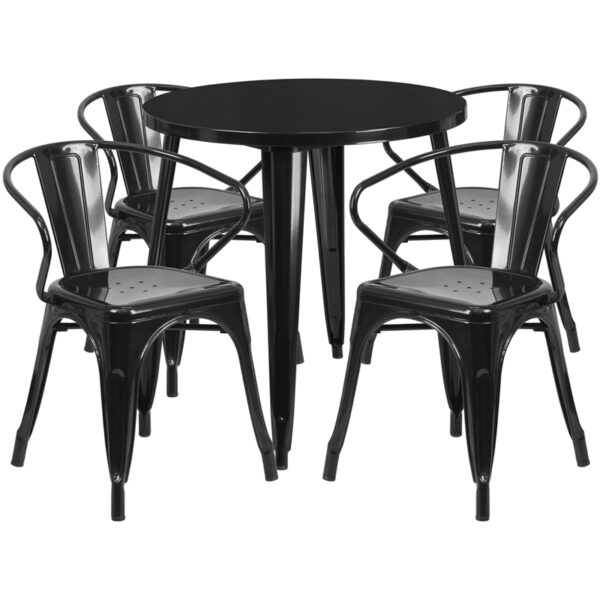 Wholesale 30'' Round Black Metal Indoor-Outdoor Table Set with 4 Arm Chairs