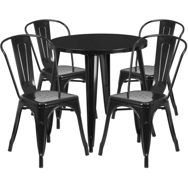 Wholesale 30'' Round Black Metal Indoor-Outdoor Table Set with 4 Cafe Chairs