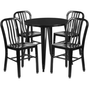 Wholesale 30'' Round Black Metal Indoor-Outdoor Table Set with 4 Vertical Slat Back Chairs