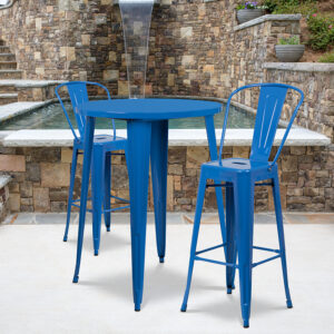Wholesale 30'' Round Blue Metal Indoor-Outdoor Bar Table Set with 2 Cafe Stools