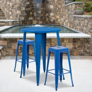 Wholesale 30'' Round Blue Metal Indoor-Outdoor Bar Table Set with 2 Square Seat Backless Stools