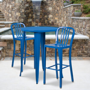 Wholesale 30'' Round Blue Metal Indoor-Outdoor Bar Table Set with 2 Vertical Slat Back Stools