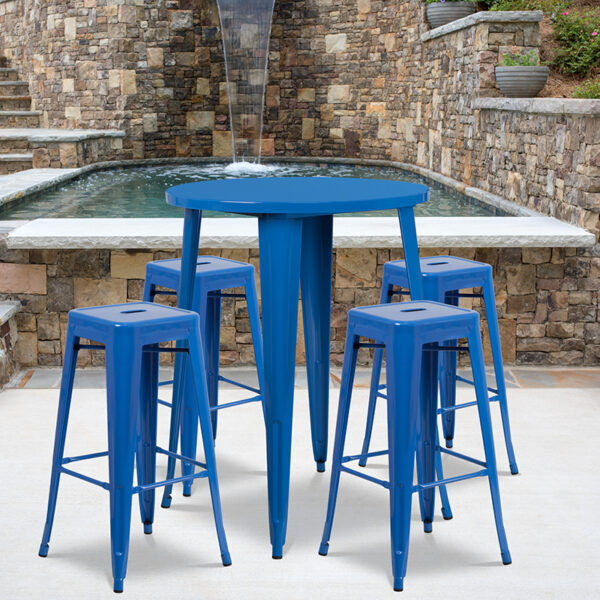 Wholesale 30'' Round Blue Metal Indoor-Outdoor Bar Table Set with 4 Square Seat Backless Stools