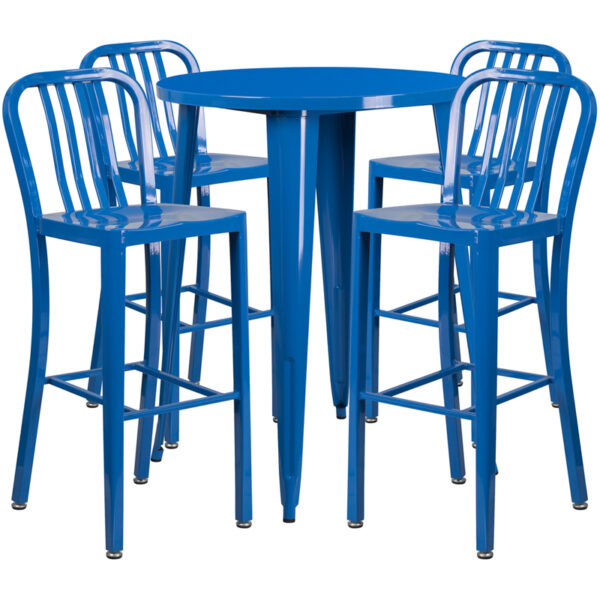 Lowest Price 30'' Round Blue Metal Indoor-Outdoor Bar Table Set with 4 Vertical Slat Back Stools