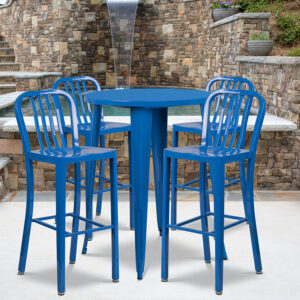 Wholesale 30'' Round Blue Metal Indoor-Outdoor Bar Table Set with 4 Vertical Slat Back Stools