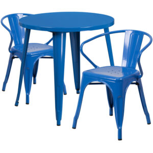 Wholesale 30'' Round Blue Metal Indoor-Outdoor Table Set with 2 Arm Chairs