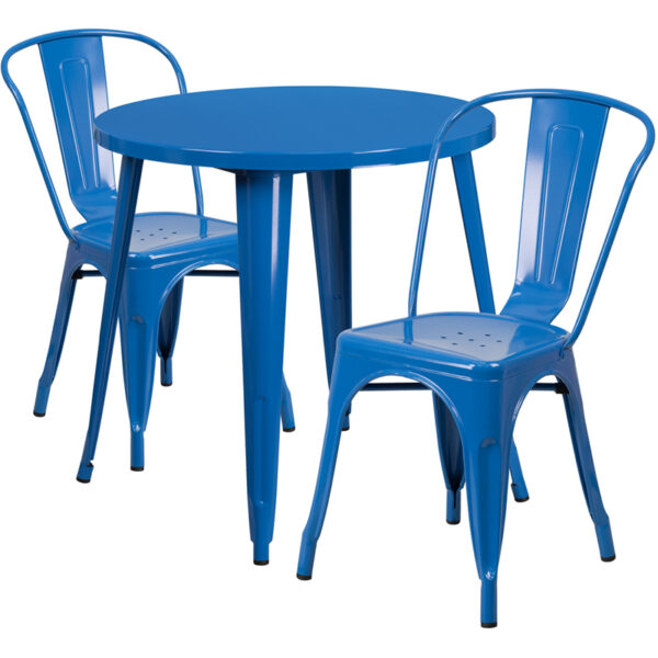 Wholesale 30'' Round Blue Metal Indoor-Outdoor Table Set with 2 Cafe Chairs