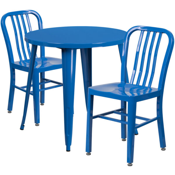 Wholesale 30'' Round Blue Metal Indoor-Outdoor Table Set with 2 Vertical Slat Back Chairs