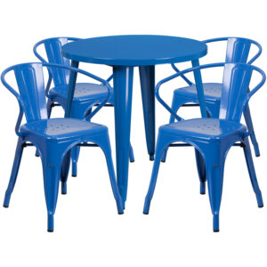 Wholesale 30'' Round Blue Metal Indoor-Outdoor Table Set with 4 Arm Chairs