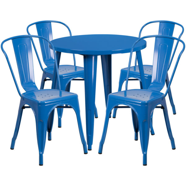 Wholesale 30'' Round Blue Metal Indoor-Outdoor Table Set with 4 Cafe Chairs
