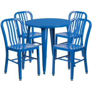 Wholesale 30'' Round Blue Metal Indoor-Outdoor Table Set with 4 Vertical Slat Back Chairs