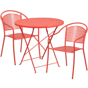 Wholesale 30'' Round Coral Indoor-Outdoor Steel Folding Patio Table Set with 2 Round Back Chairs