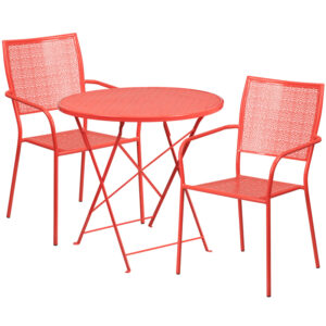 Wholesale 30'' Round Coral Indoor-Outdoor Steel Folding Patio Table Set with 2 Square Back Chairs