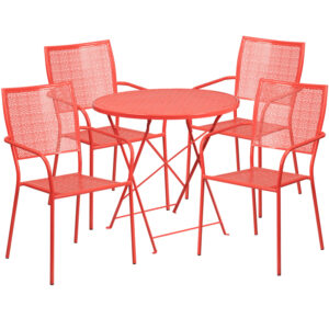 Wholesale 30'' Round Coral Indoor-Outdoor Steel Folding Patio Table Set with 4 Square Back Chairs