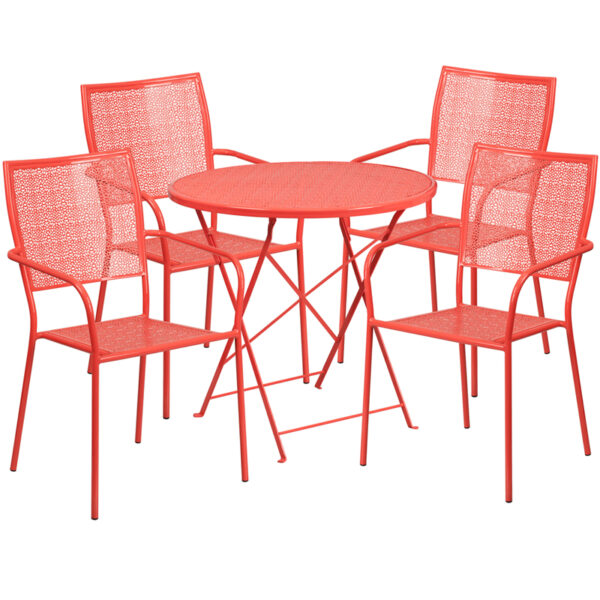 Wholesale 30'' Round Coral Indoor-Outdoor Steel Folding Patio Table Set with 4 Square Back Chairs