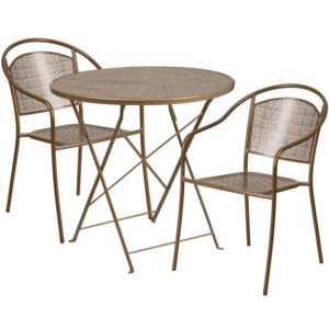 Wholesale 30'' Round Gold Indoor-Outdoor Steel Folding Patio Table Set with 2 Round Back Chairs