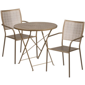 Wholesale 30'' Round Gold Indoor-Outdoor Steel Folding Patio Table Set with 2 Square Back Chairs