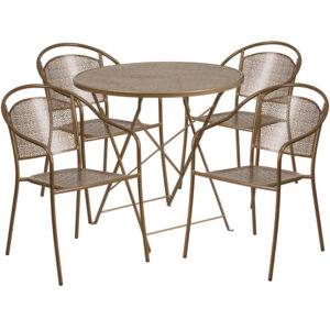 Wholesale 30'' Round Gold Indoor-Outdoor Steel Folding Patio Table Set with 4 Round Back Chairs