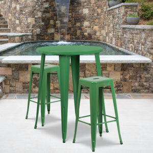 Wholesale 30'' Round Green Metal Indoor-Outdoor Bar Table Set with 2 Square Seat Backless Stools