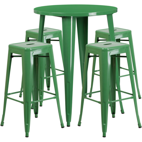 Lowest Price 30'' Round Green Metal Indoor-Outdoor Bar Table Set with 4 Square Seat Backless Stools