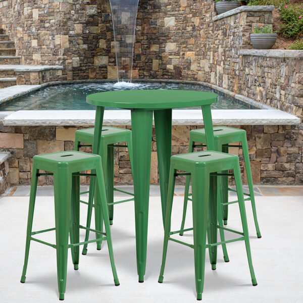 Wholesale 30'' Round Green Metal Indoor-Outdoor Bar Table Set with 4 Square Seat Backless Stools