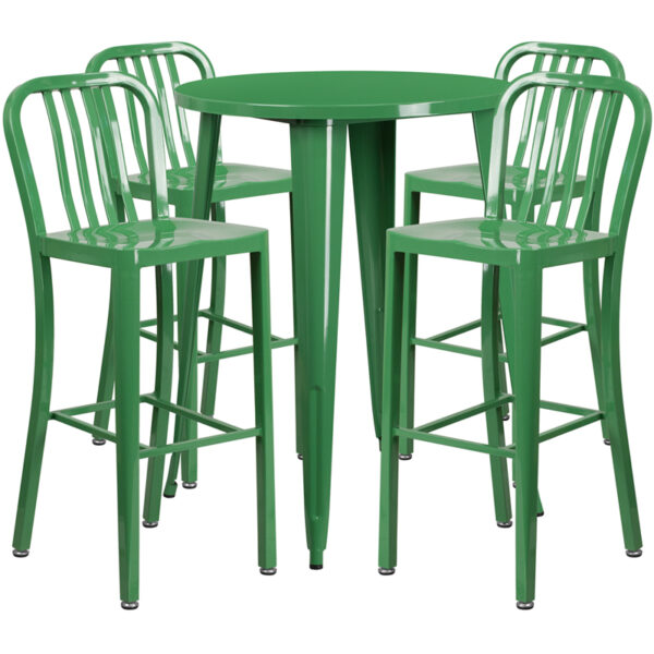 Lowest Price 30'' Round Green Metal Indoor-Outdoor Bar Table Set with 4 Vertical Slat Back Stools