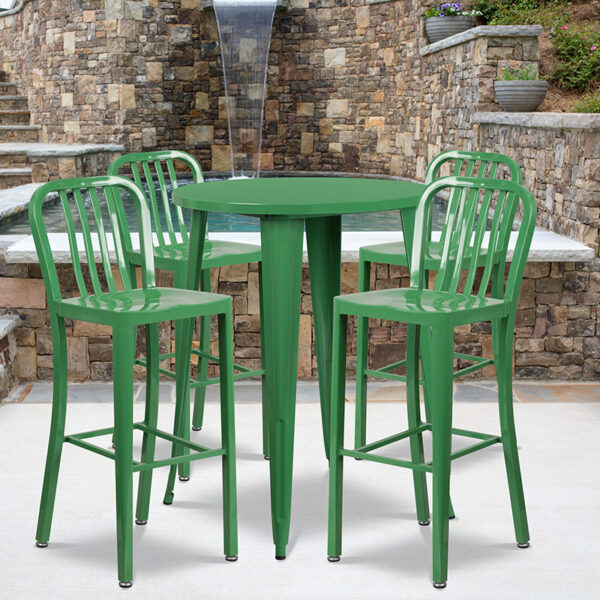 Wholesale 30'' Round Green Metal Indoor-Outdoor Bar Table Set with 4 Vertical Slat Back Stools