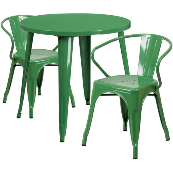 Wholesale 30'' Round Green Metal Indoor-Outdoor Table Set with 2 Arm Chairs