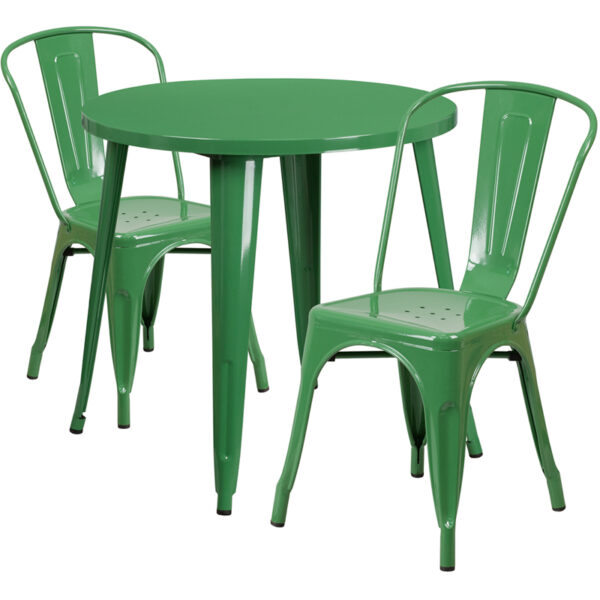 Wholesale 30'' Round Green Metal Indoor-Outdoor Table Set with 2 Cafe Chairs