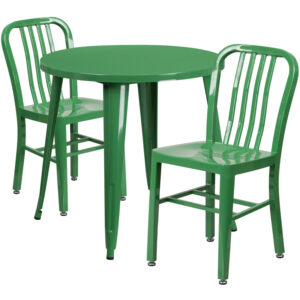 Wholesale 30'' Round Green Metal Indoor-Outdoor Table Set with 2 Vertical Slat Back Chairs