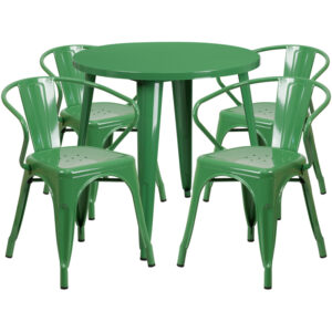 Wholesale 30'' Round Green Metal Indoor-Outdoor Table Set with 4 Arm Chairs