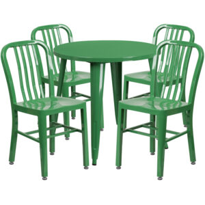 Wholesale 30'' Round Green Metal Indoor-Outdoor Table Set with 4 Vertical Slat Back Chairs